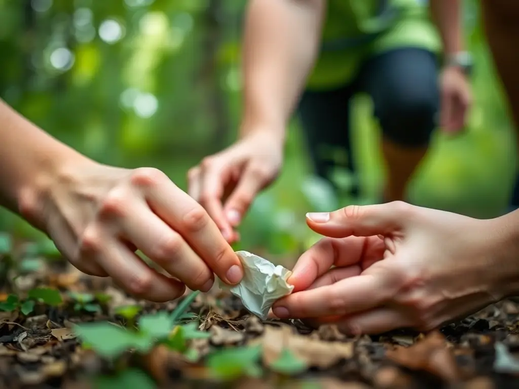 A close-up shot of a volunteer's hands picking up litter during a GreenWild event, emphasizing the hands-on ecological impact and the importance of individual contributions.