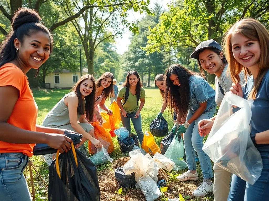 A group of diverse volunteers of varying ages are joyfully collecting litter during a GreenWild eco-friendly hike in a lush forest, sunlight filtering through the trees, emphasizing community engagement and environmental stewardship.