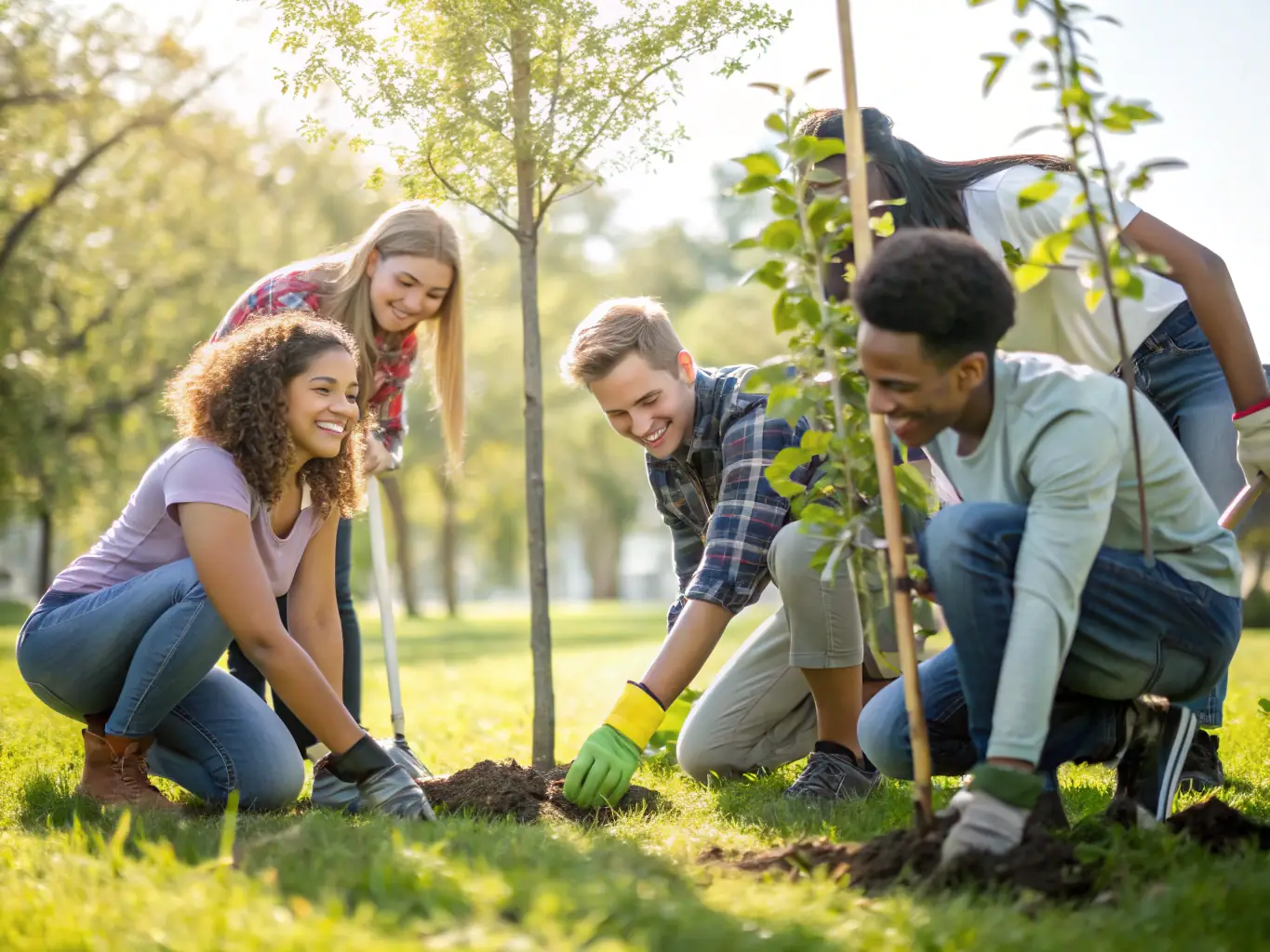A group of young people participating in a GreenWild youth program, planting trees and learning about biodiversity in a local park, showcasing the organization's commitment to educating the next generation of environmental stewards.