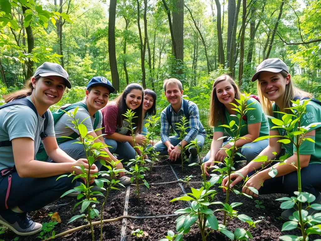 A group of GreenWild volunteers hiking through a forest, collecting litter with smiles on their faces, showcasing the community spirit and environmental impact of the activity.