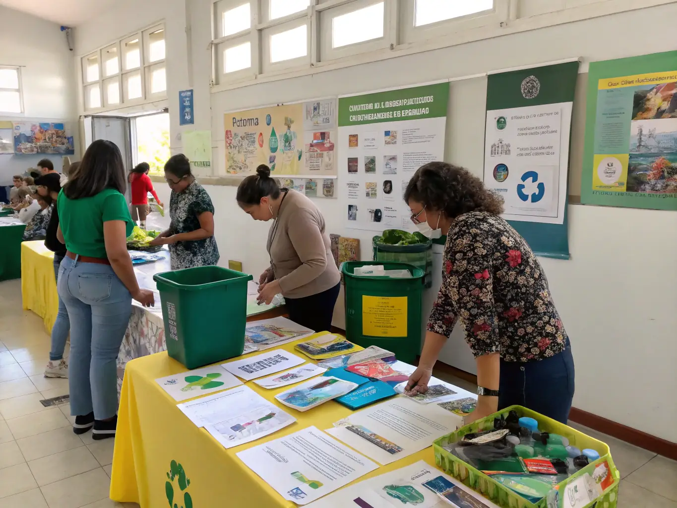 A vibrant scene from a GreenWild educational workshop, where participants are actively learning about waste reduction and recycling techniques, set against a backdrop of informative posters and eco-friendly displays.
