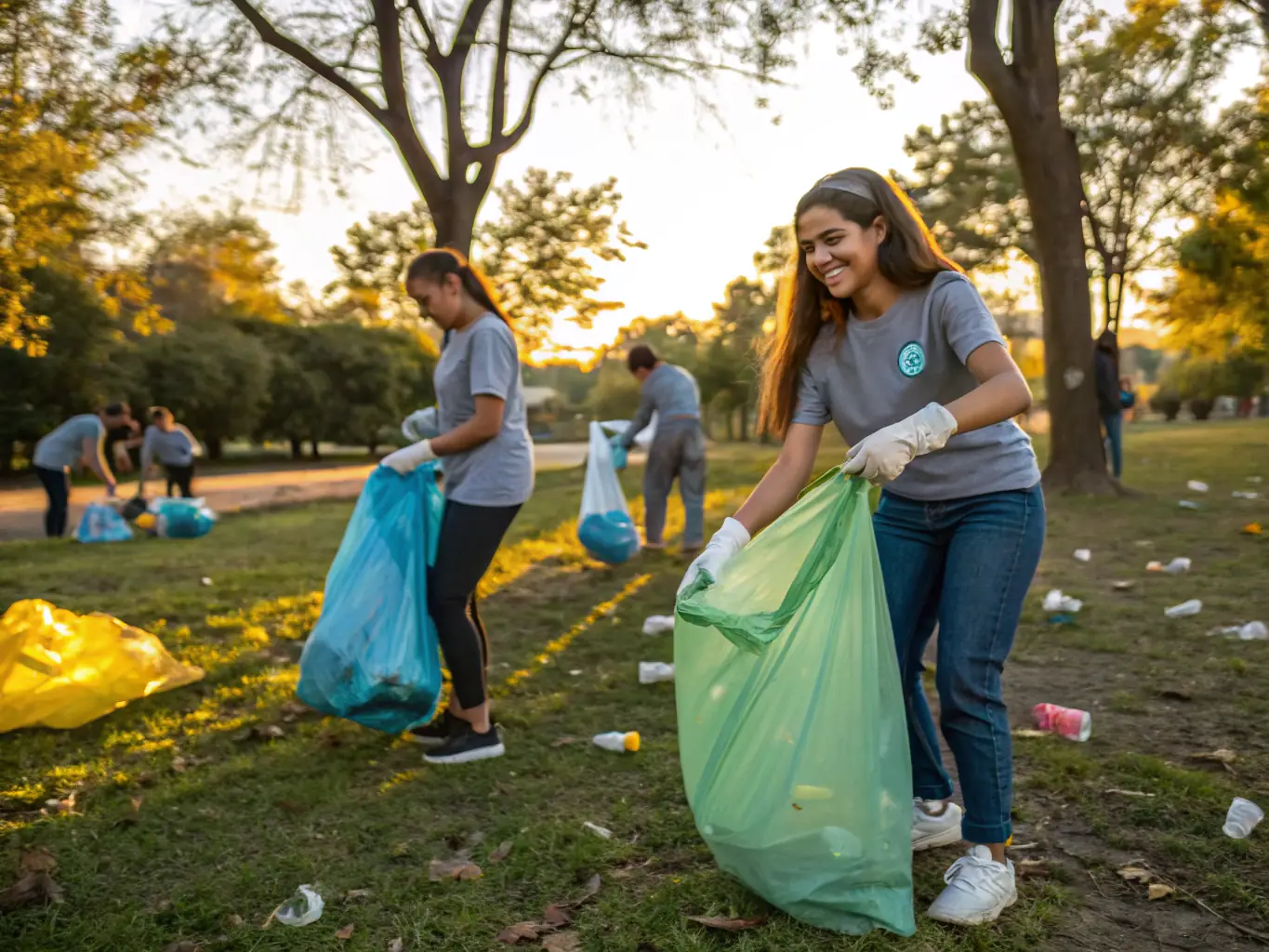 A close-up shot of a volunteer's hands picking up litter in a park, with a focus on the contrast between the trash and the natural environment. The image highlights the direct impact of GreenWild's activities.
